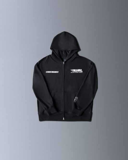 Alan Walker WRL Team Zip Hoodie front flat lay, black zip-up with white WRL chest logo and sponsor tape