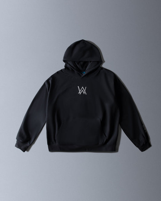 Alan Walker Atlantis 0 Hoodie front view, plain black hoodie with a small silver AW logo on the chest