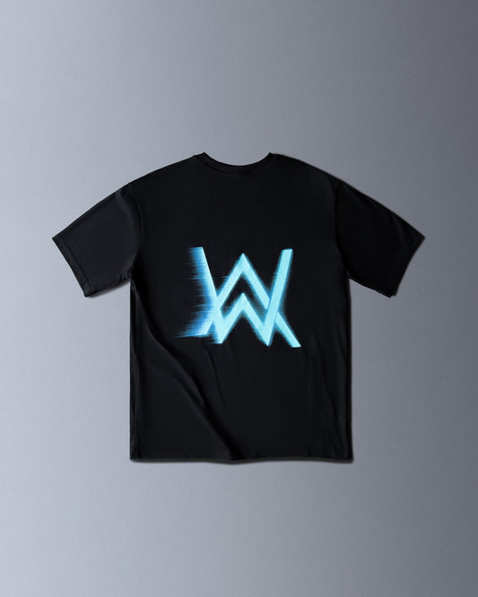 Alan Walker WRL Speed Logo T-shirt back flat lay, large blue motion blurred AW logo on the black tee