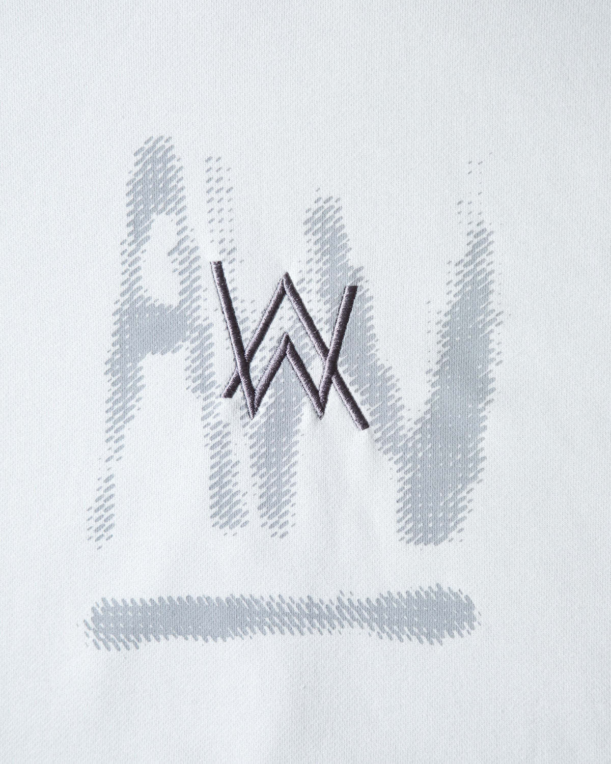 Alan Walker Faded Graffiti Hoodie off white print close-up, sharp AW monogram over the grey graffiti mark