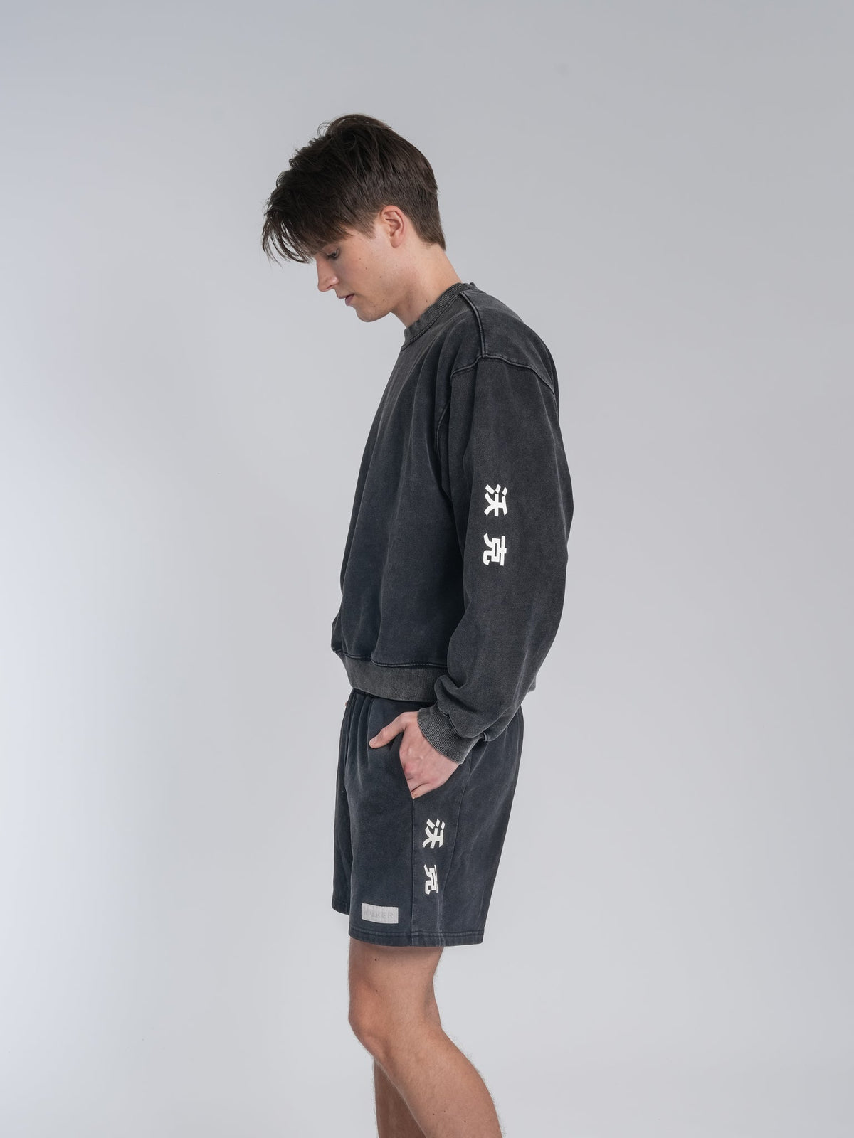 Alan Walker Crew Washed Logo Sweatshirt side profile on a model, oversized washed black fit with sleeve print