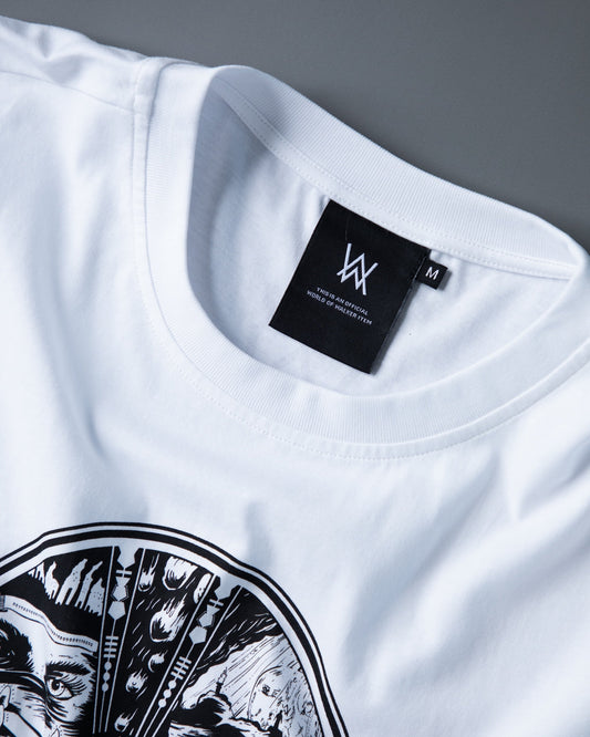 Alan Walker End of the World T-Shirt folded in white, black AW neck label sitting above the circular chest artwork