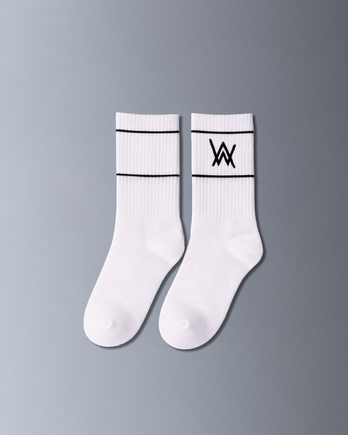 Alan Walker Logo Sport Socks in white laid flat as a pair, black ribbed stripes and small AW logo on the cuff