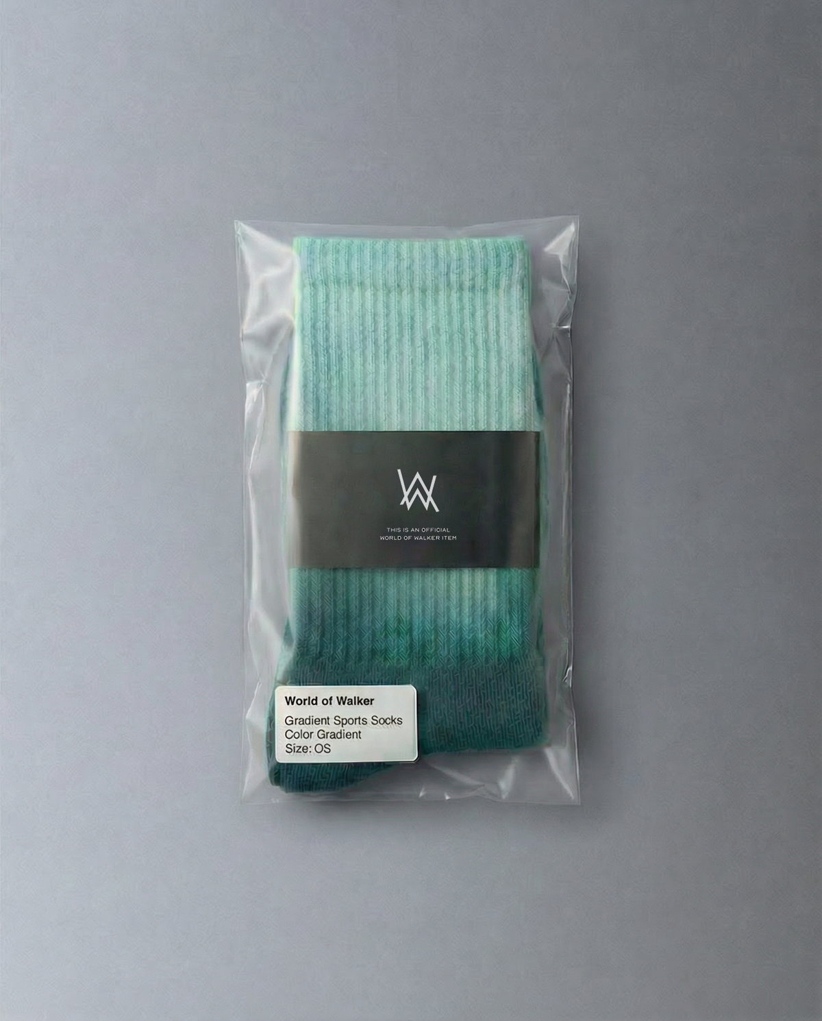 Alan Walker World of Walker Logo Gradient Socks in a clear retail pack, mint green gradient knit under the black AW band