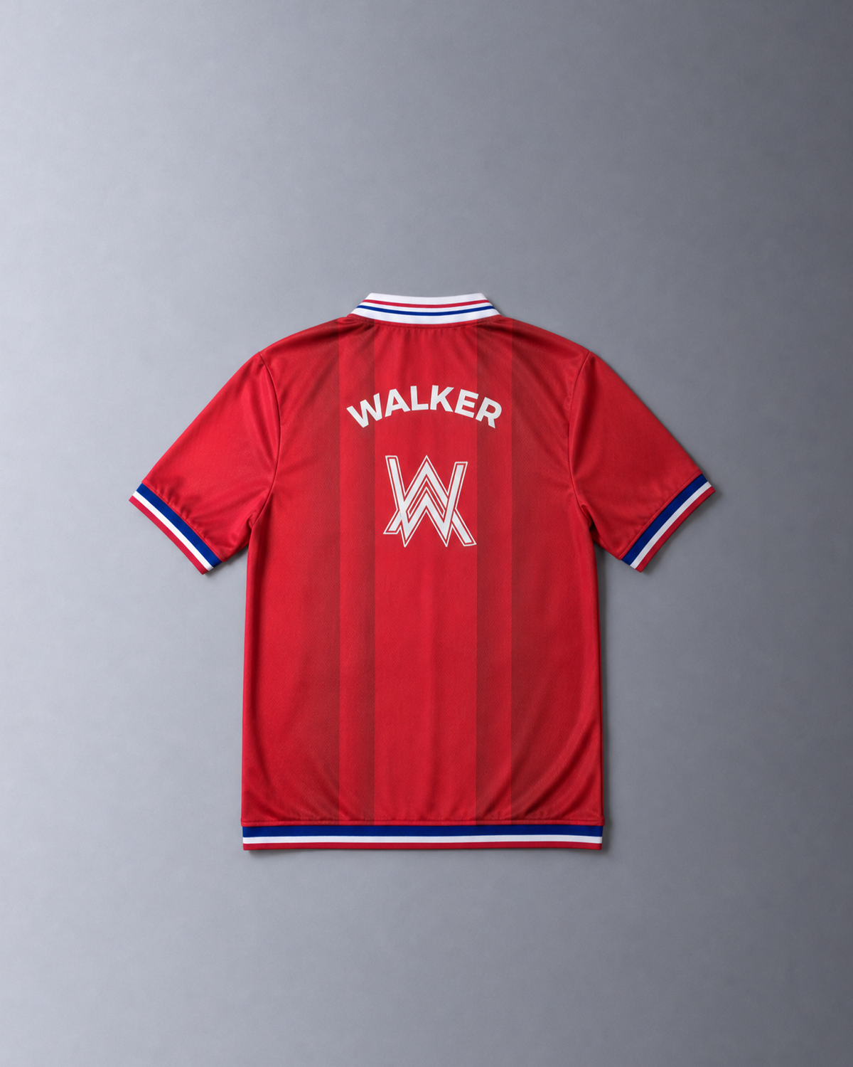 Alan Walker 98 Replica Jersey back view, red football shirt with Walker name above a white AW logo and blue trim