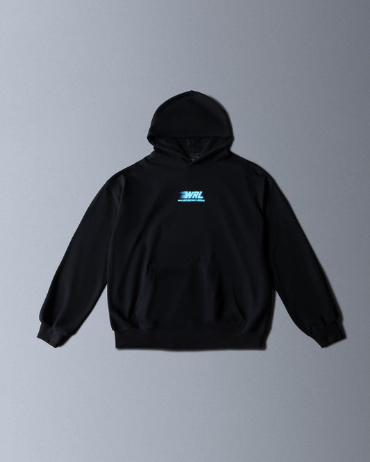 Alan Walker WRL Speed Hoodie front flat lay, black hoodie with a small blue WRL racing logo on the chest