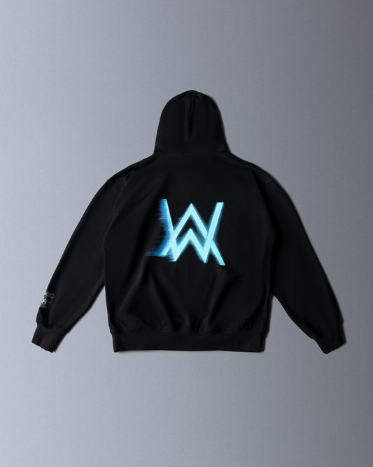 Alan Walker WRL Speed Hoodie in black, back flat lay with a blue motion blurred AW logo across the shoulders