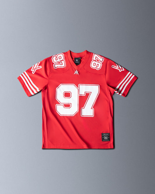 Alan Walker World of Walker 97 Jersey in red, front flat lay with white varsity 97 numbering and striped sleeves
