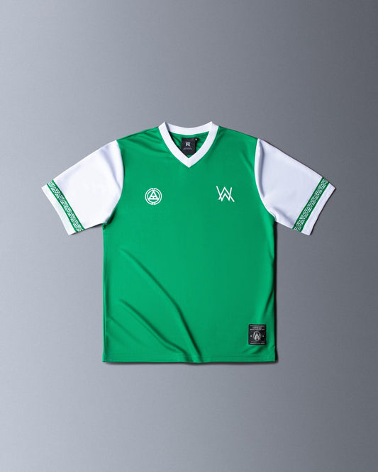 Alan Walker Creator Circle Tribe Jersey front flat lay, green mesh with white sleeves and small AW chest logos