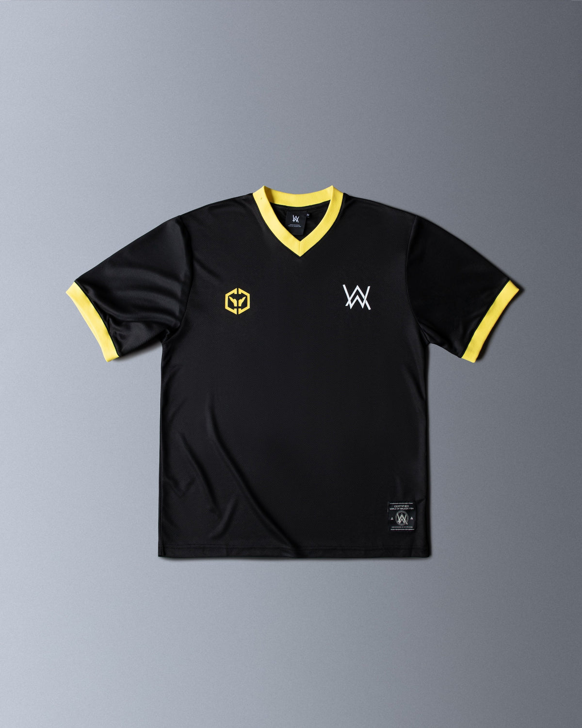 Alan Walker CheckPoint One Tribe Bundle jersey front, yellow trimmed black shirt with chest crest and AW logo