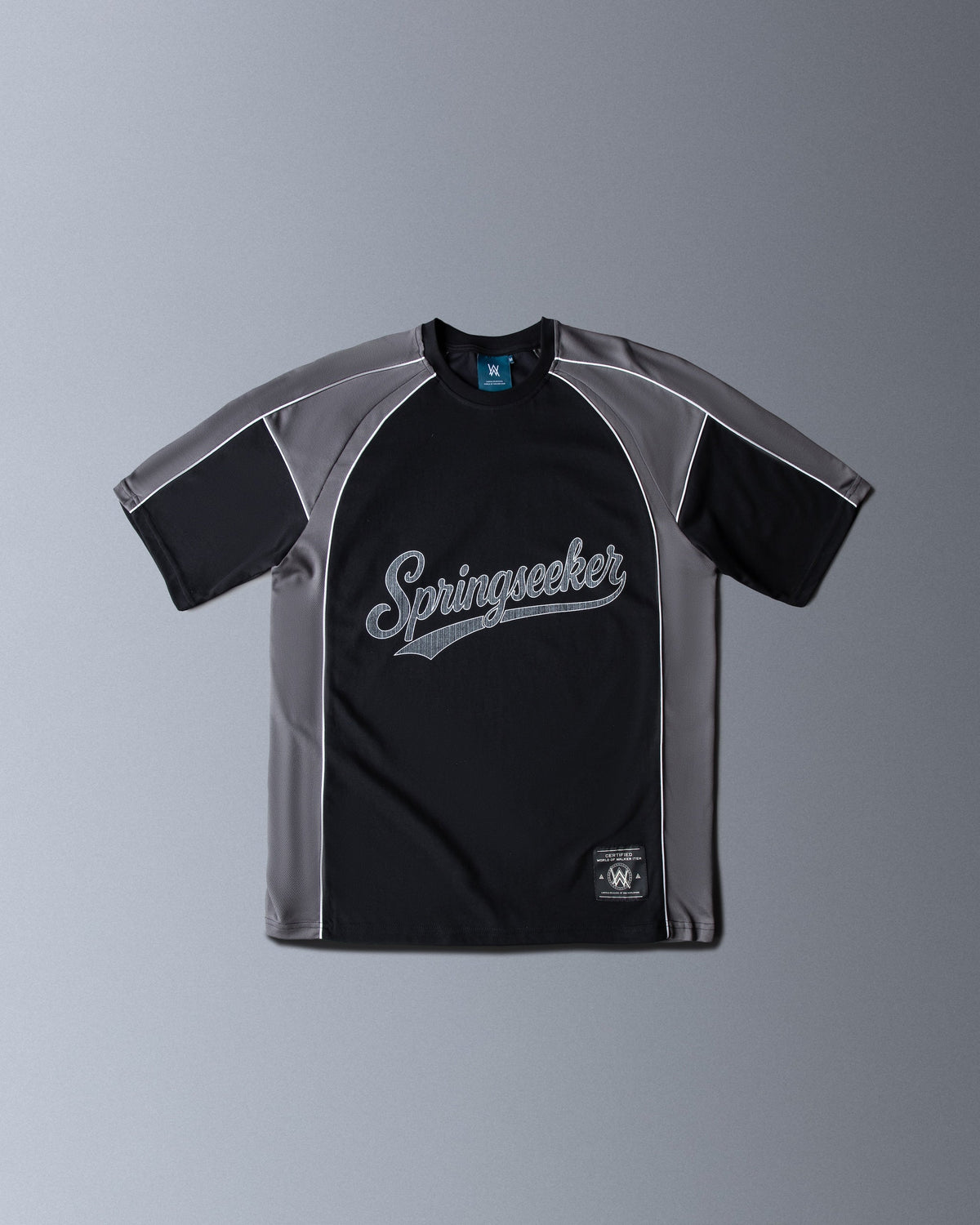 Alan Walker Springseeker Sports T-Shirt in black and grey, front flat lay with Springseeker script chest print