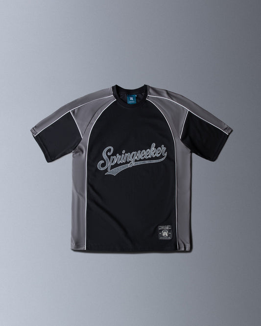 Alan Walker Springseeker Sports T-Shirt in black and grey, front flat lay with Springseeker script chest print