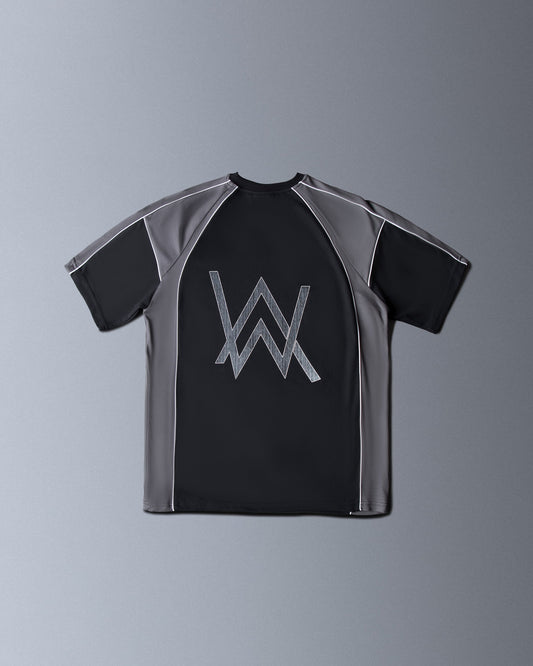 Alan Walker Springseeker Sports T-Shirt back flat lay, black raglan jersey with large silver AW logo print