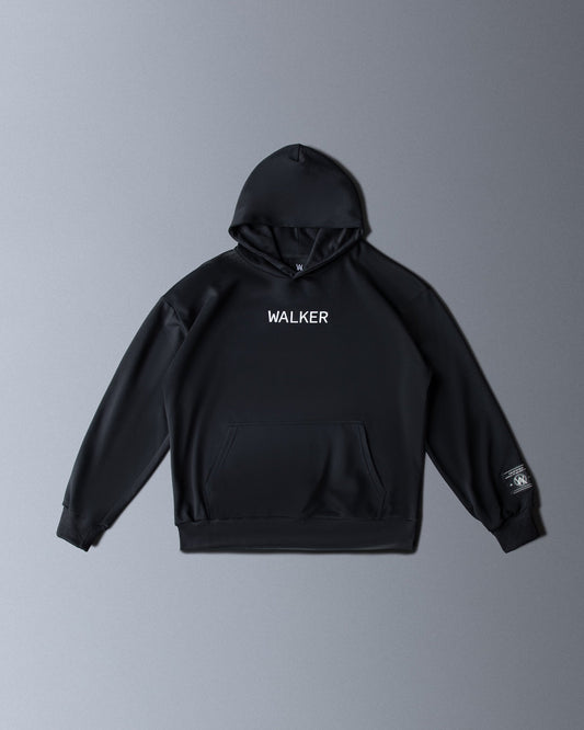 Alan Walker Core Logo Hoodie Vol 2 front flat lay, black pullover with a small Walker chest print and sleeve tag