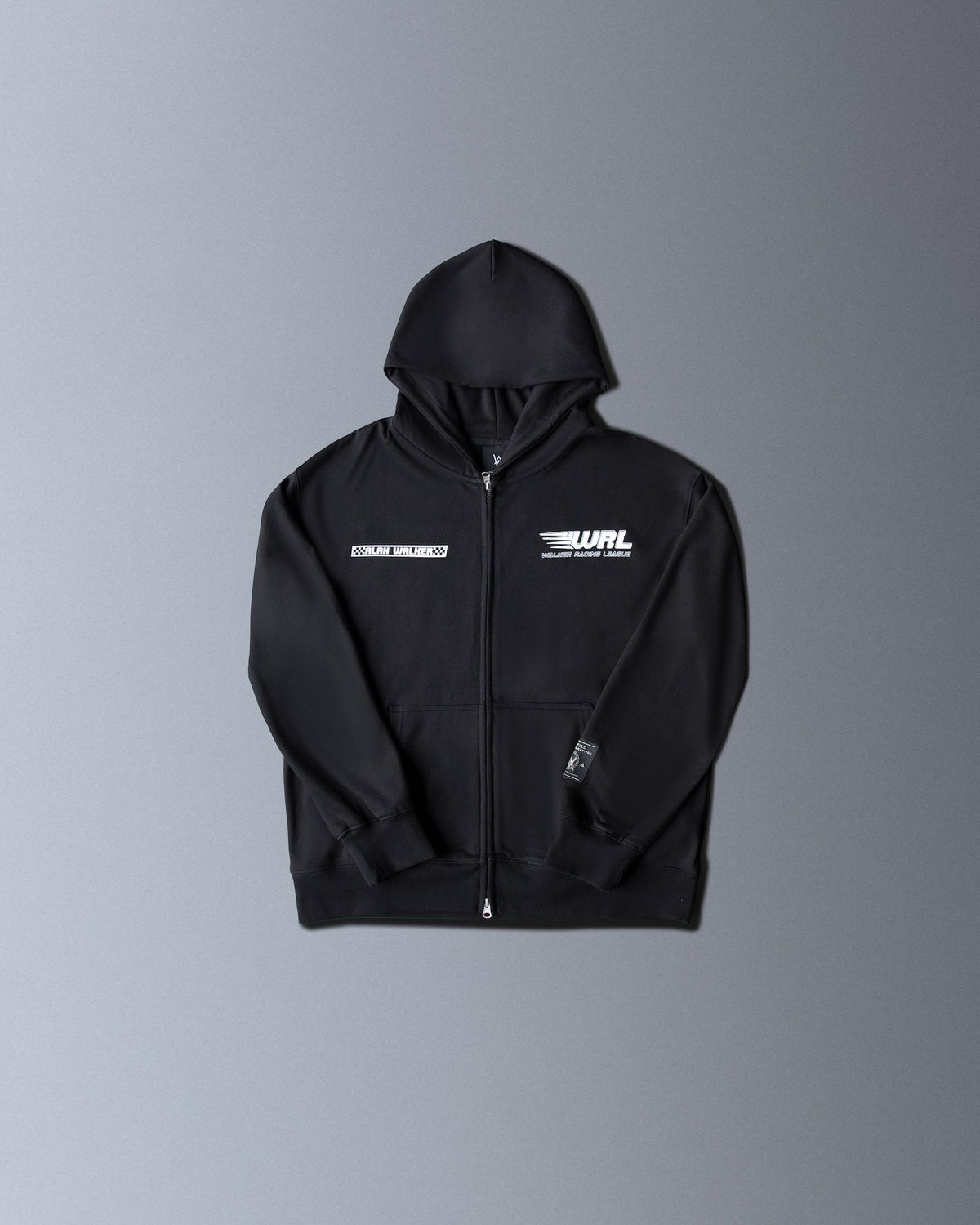 Alan Walker WRL Team Zip Hoodie front flat lay, black zip-up with white WRL chest logo and sponsor tape