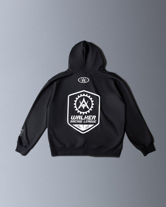 Alan Walker WRL Team Zip Hoodie back flat lay in black with the white Walker Racing League crest print