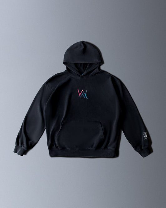 Alan Walker Heading Home Hoodie front flat lay in black with the colourful galaxy AW chest logo