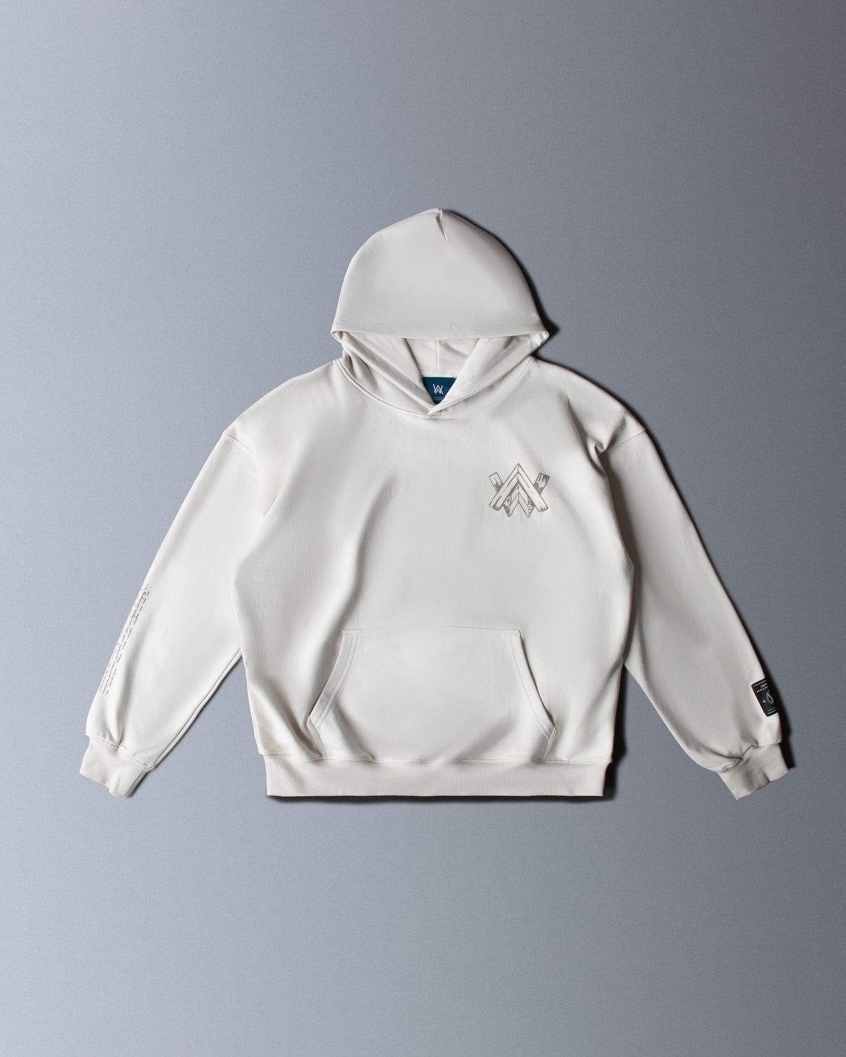 Alan Walker Encyclopedia Hoodie front flat lay in off white with a small AW chest logo and kangaroo pocket