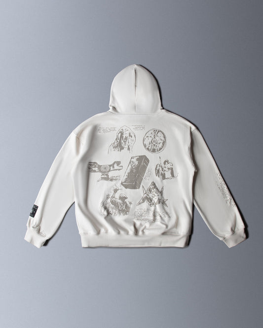 Alan Walker Encyclopedia Hoodie back flat lay, off white fleece covered in fine sketched lore illustrations