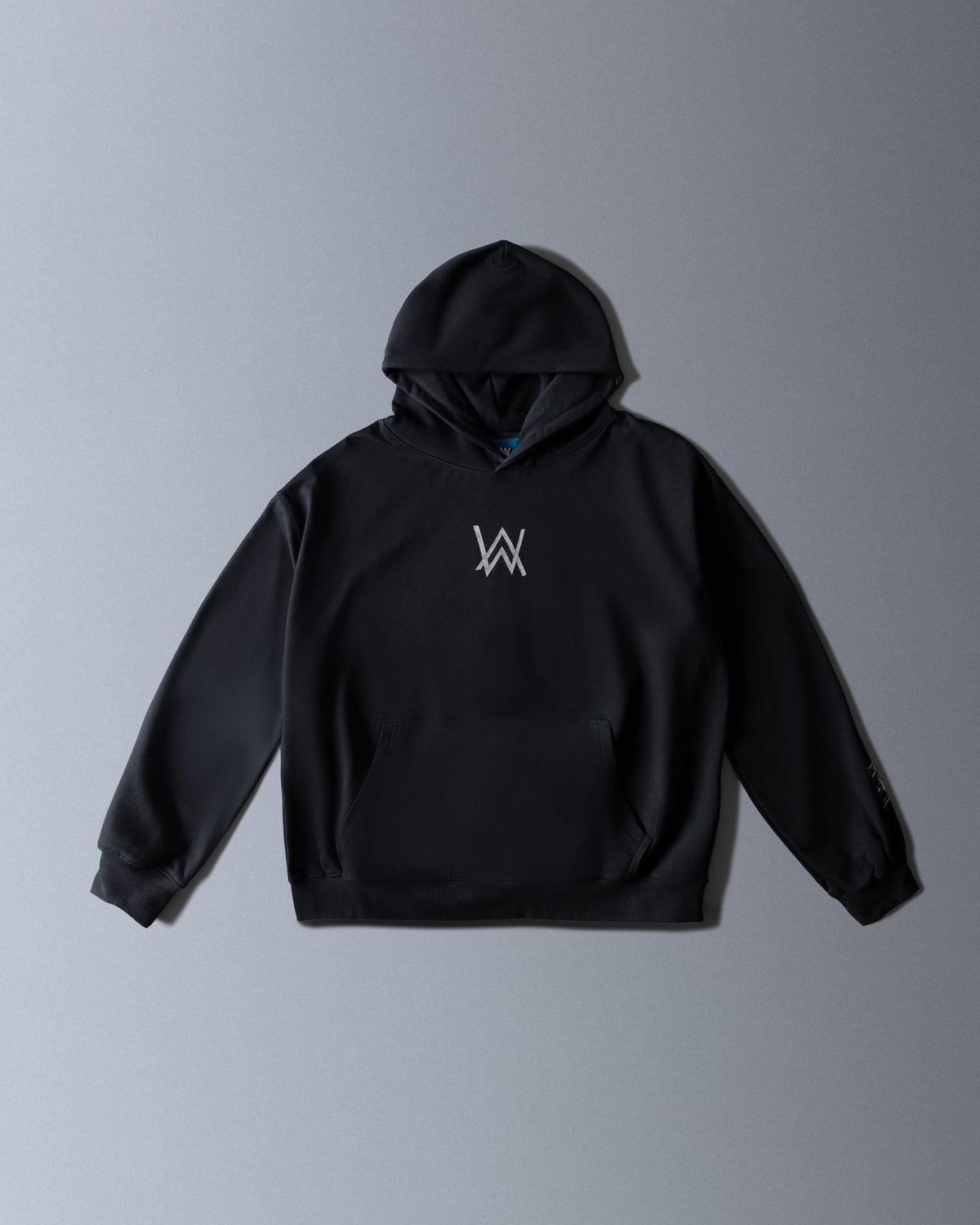 Alan Walker Atlantis 8 Hoodie front packshot, clean black pullover with small silver AW chest logo