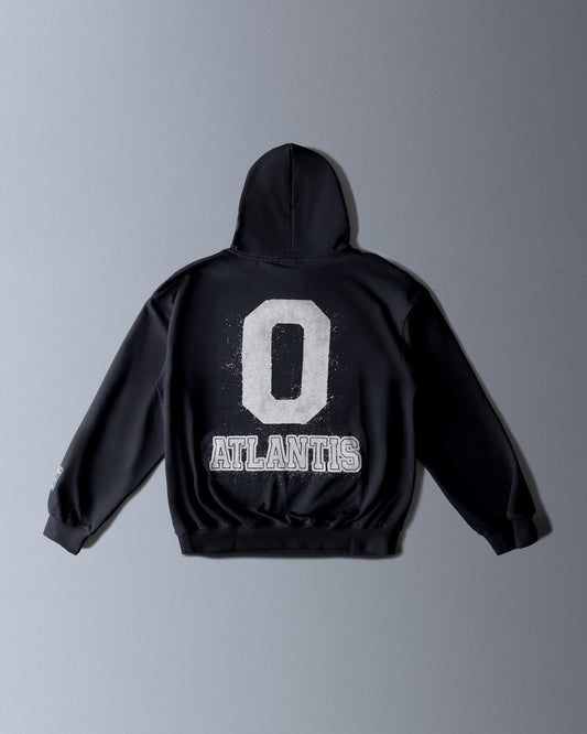 Alan Walker Atlantis 0 Hoodie back flat lay, black fleece with a distressed white varsity 0 and Atlantis print