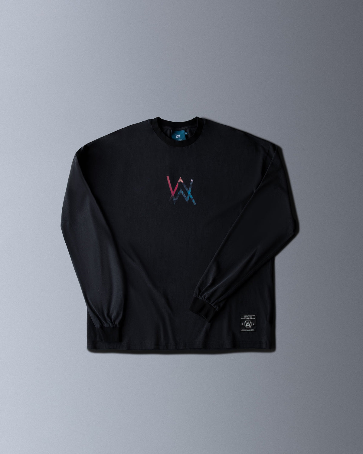 Alan Walker Heading Home Longsleeve front flat lay, black tee with the colourful AW logo and hem label
