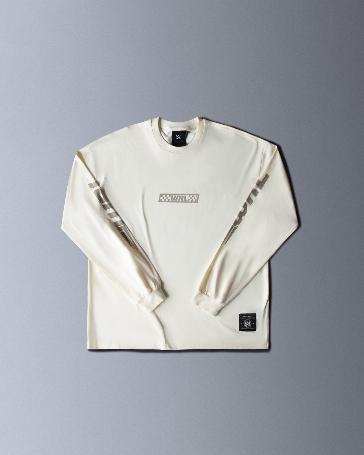 Alan Walker WRL Logo Longsleeve in off-white, front flat lay with grey checkered WRL box logo on the chest