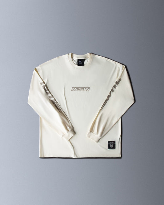 Alan Walker WRL Logo Longsleeve in off-white, front flat lay with grey checkered WRL box logo on the chest