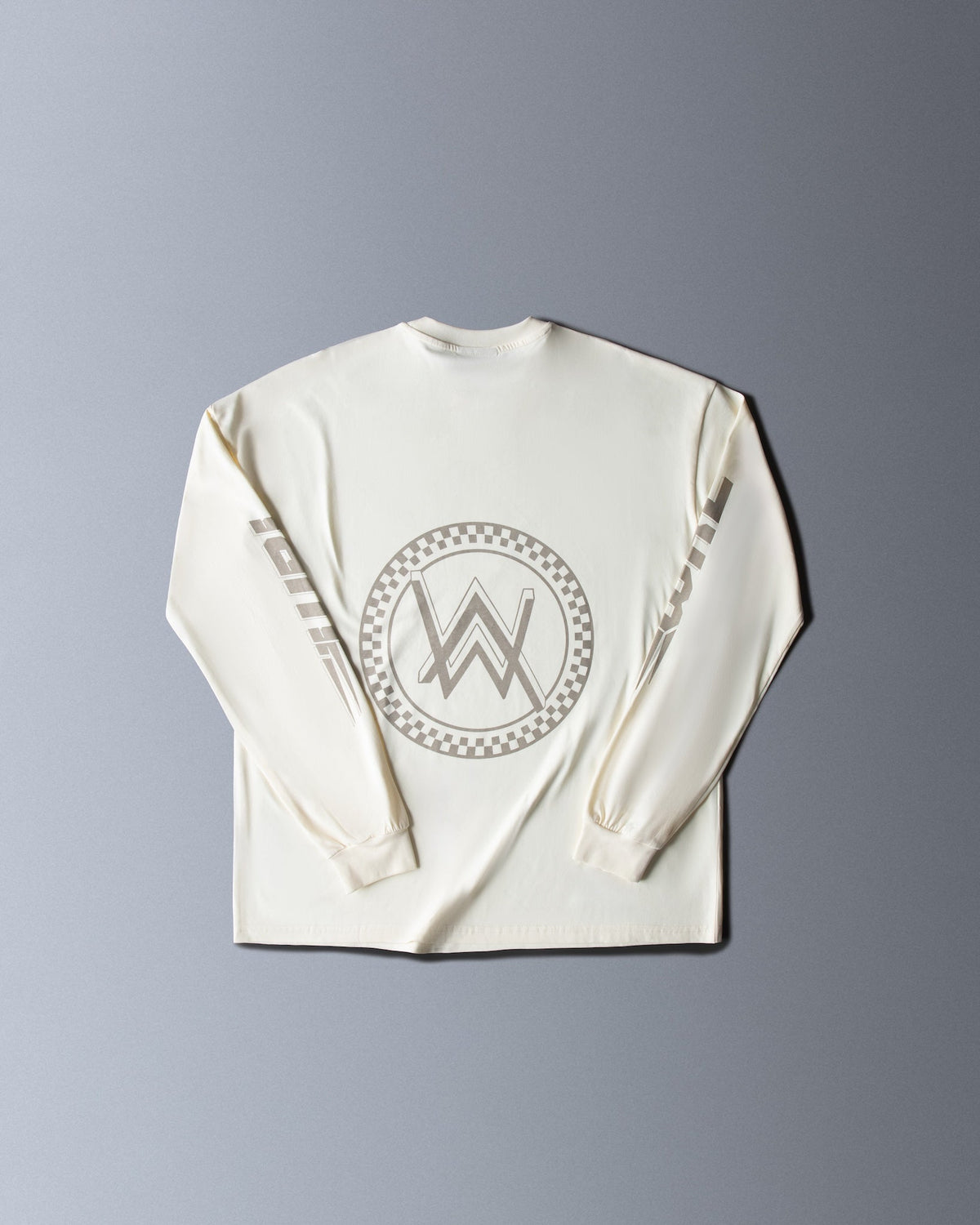 Alan Walker WRL Logo Longsleeve back flat lay, large checkered circle AW emblem on cream cotton