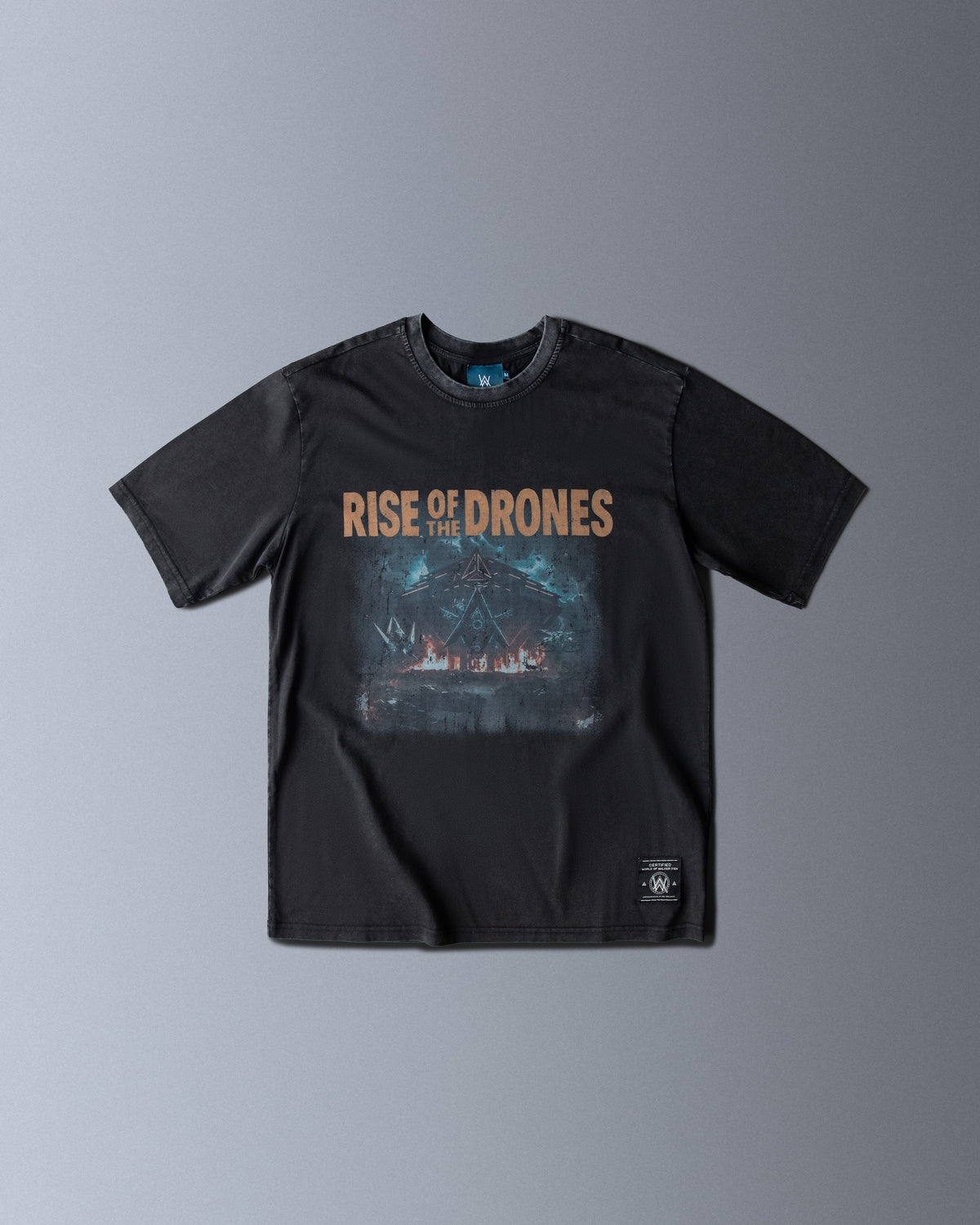 Alan Walker Rise Of The Drone Vintage T-Shirt in washed black, front flat lay with the drone album artwork