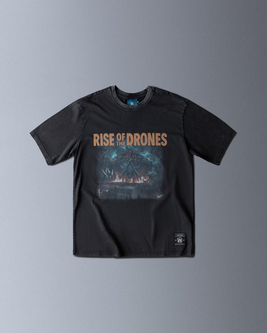 Alan Walker Rise Of The Drone Vintage T-Shirt in washed black, front flat lay with the drone album artwork