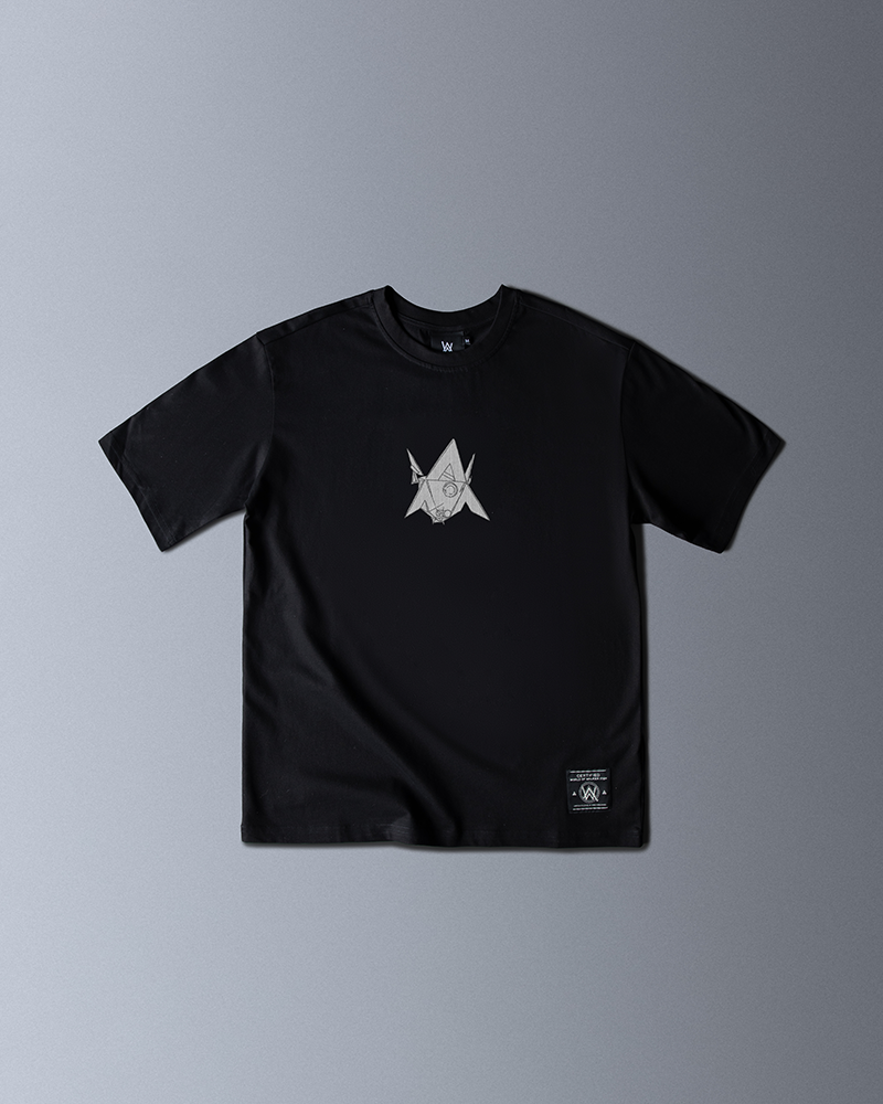 Alan Walker Drone Sketch T-Shirt front flat lay, black tee with a hand drawn drone star sketch on the chest