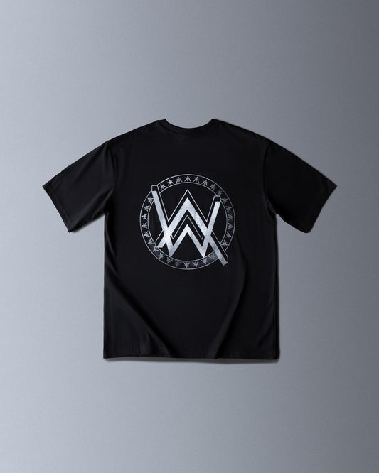 Alan Walker Monster Core T-Shirt back flat lay in black with the large silver AW logo inside a runic circle
