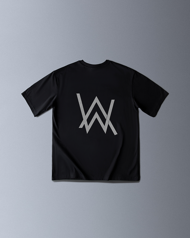 Alan Walker Drone Sketch T-Shirt back flat lay, large grey AW monogram printed across black cotton