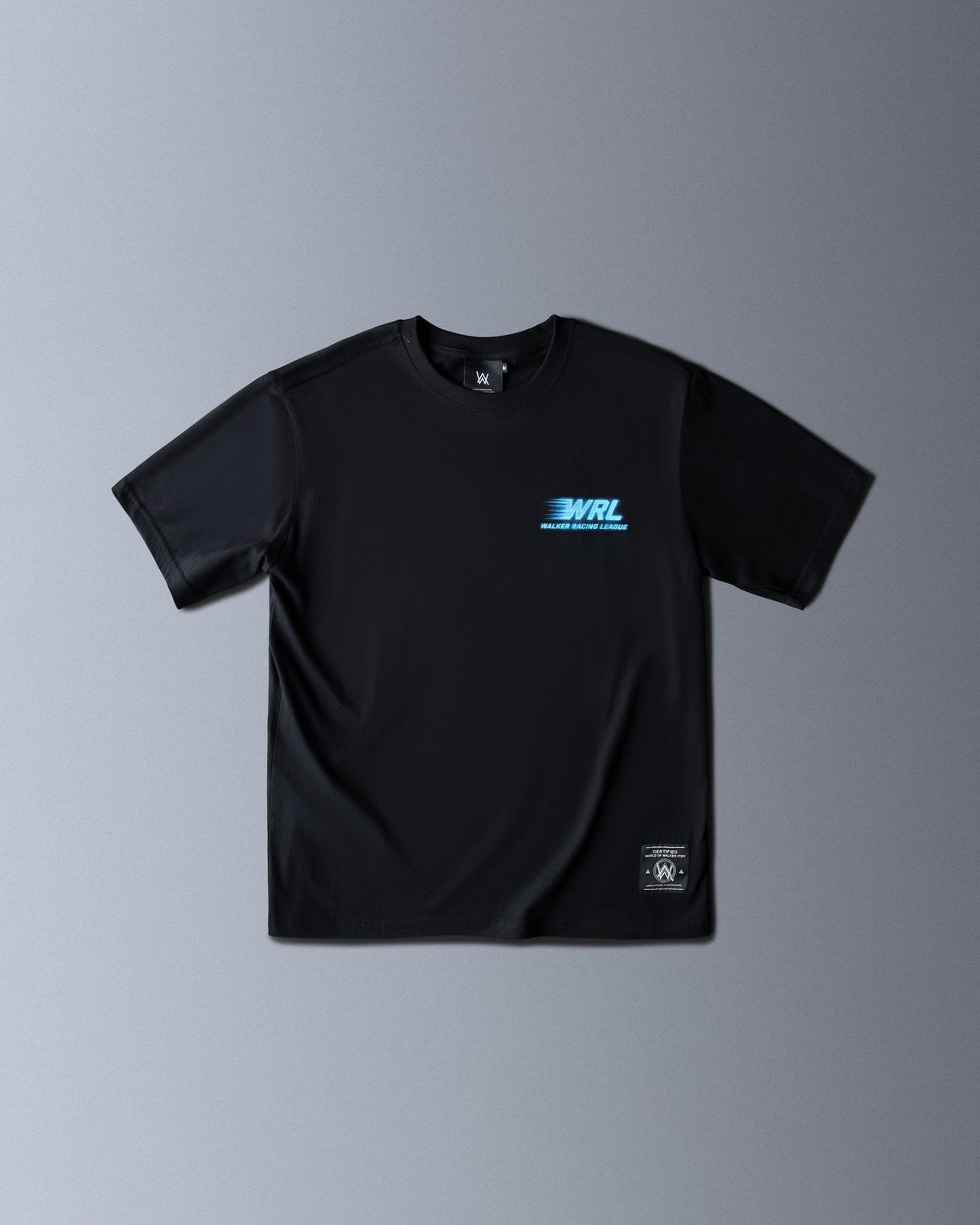 Alan Walker WRL Speed Logo T-shirt in black, front flat lay with a small blue WRL logo on the chest