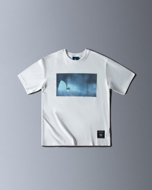 Alan Walker Faded Play T-shirt in white, front flat lay with the blue Faded cave artwork printed across the chest