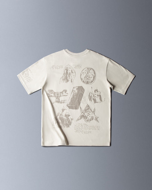 Alan Walker Encyclopedia T-Shirt back flat lay in off white, covered with sketched artefact illustrations