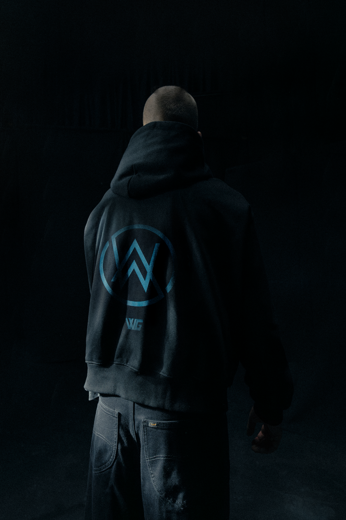 Alan Walker Gaming Hoodie worn in a dark room, back view with the glowing blue AW emblem print