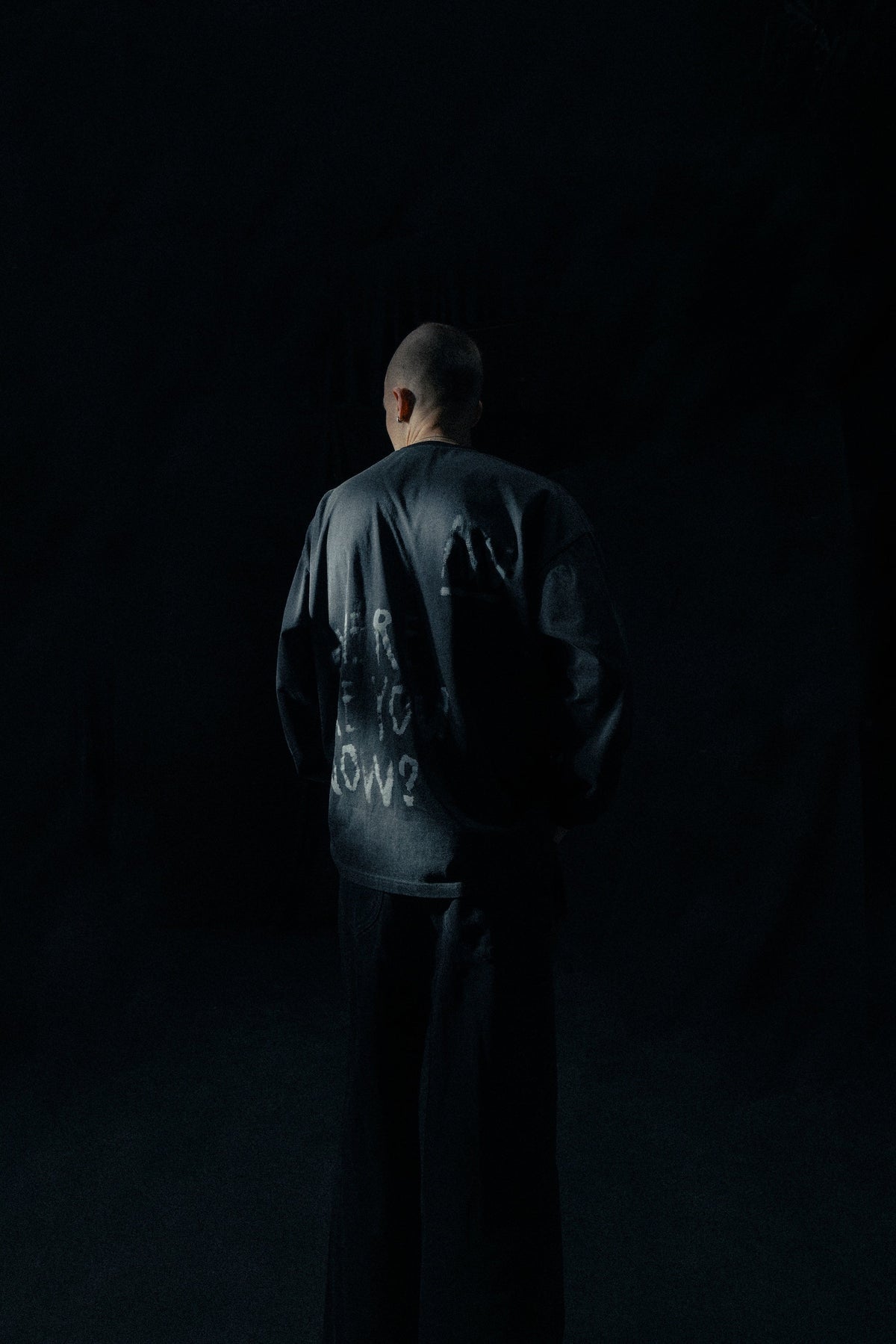 Alan Walker Faded Graffiti Longsleeve worn by a model from behind in a dark studio, glowing grey back print