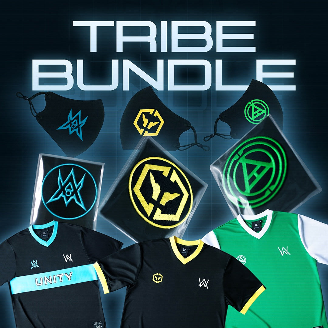 Alan Walker CheckPoint One Tribe Bundle artwork, tribe masks and patches above blue, black and green jerseys