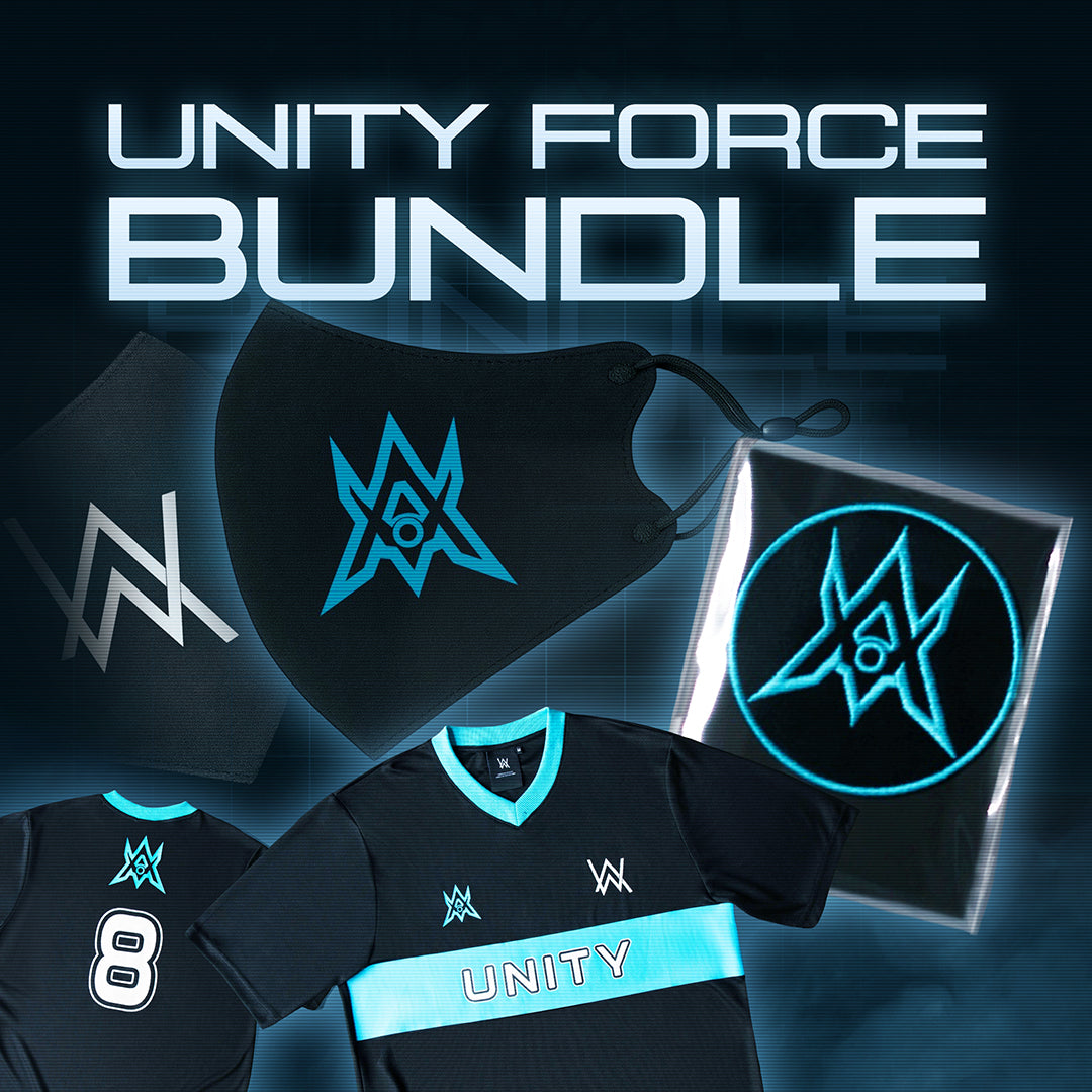 Alan Walker Unity Force Tribe Bundle promo graphic showing the black mask, cyan crest patch and Unity jersey