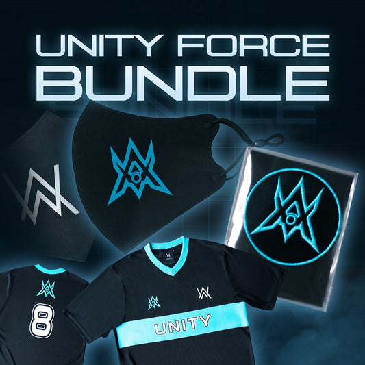 Alan Walker Unity Force Tribe Bundle promo graphic showing the black mask, cyan crest patch and Unity jersey