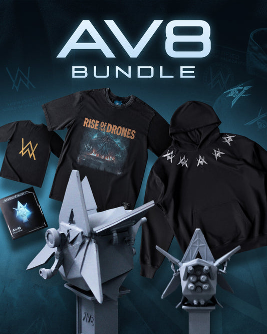 Alan Walker Rise of the Drone Bundle promo layout with drone tee, AV8 hoodie, figurine and boxed collectible