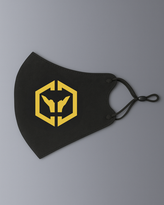 Alan Walker CheckPoint One Tribe Mask in black with a yellow hexagon tribe crest and adjustable ear loops
