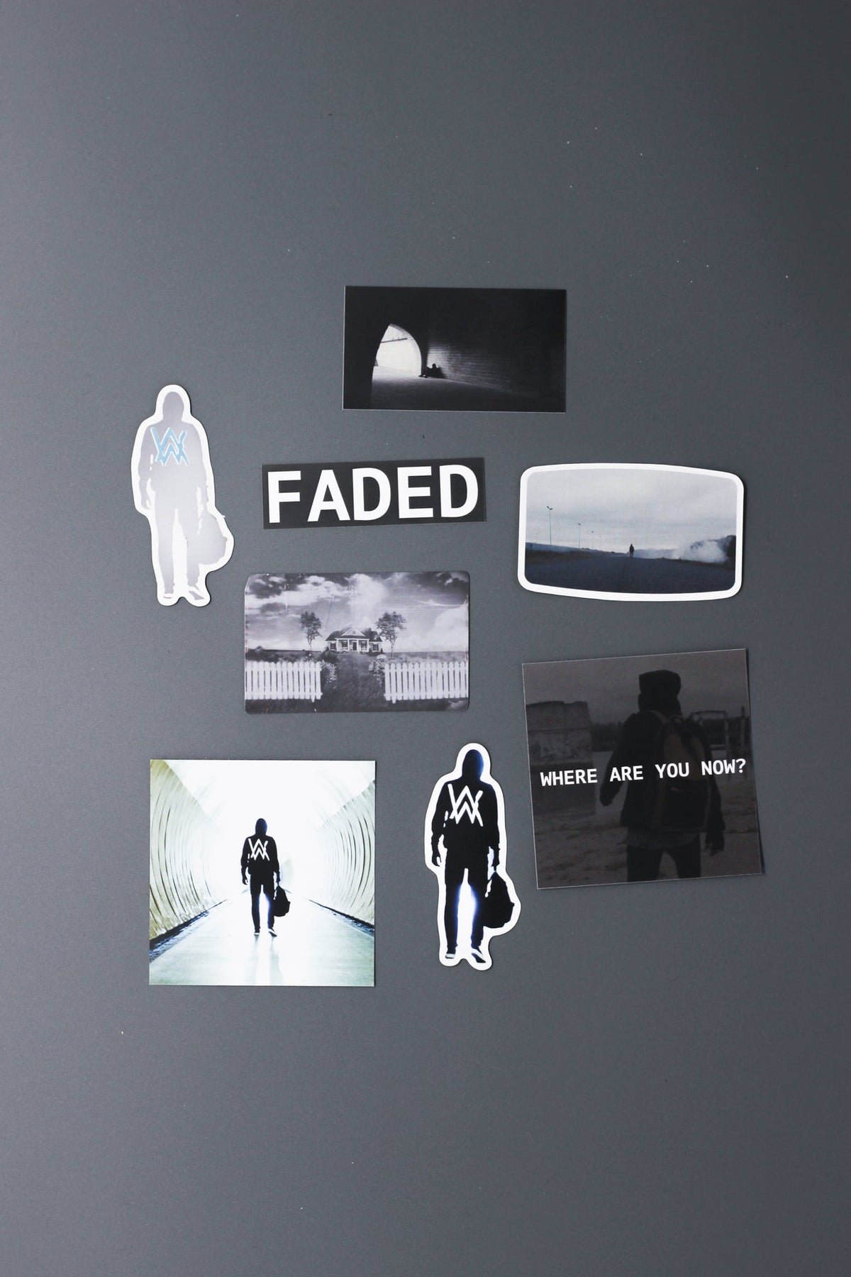 Alan Walker Faded Sticker Pack laid out on grey, Faded wordmark, landscape and Where Are You Now decals