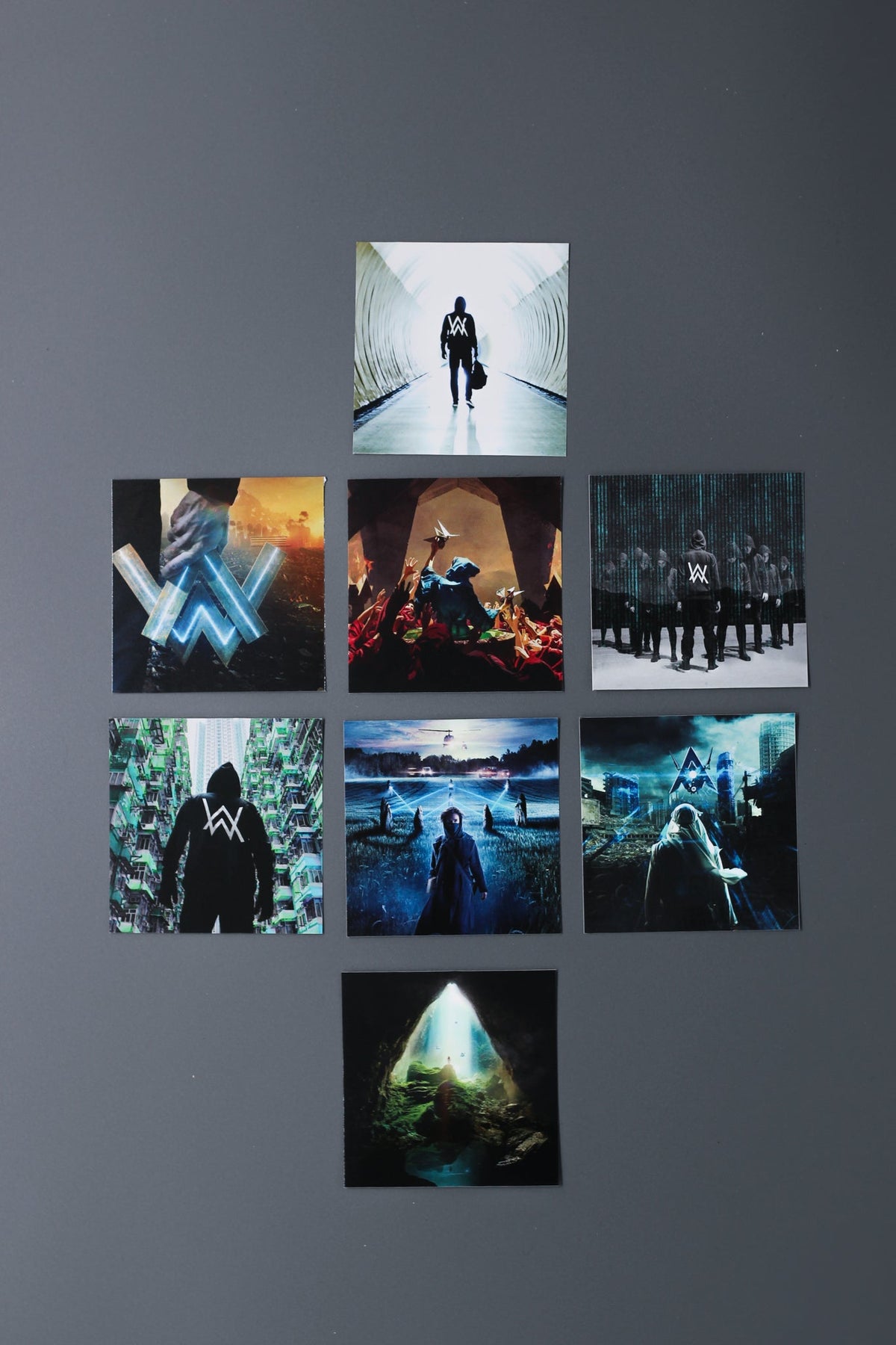Alan Walker Artwork Sticker Pack arranged in a grid, eight cinematic World of Walker scene decals on grey