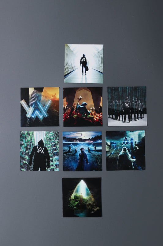 Alan Walker Artwork Sticker Pack arranged in a grid, eight cinematic World of Walker scene decals on grey