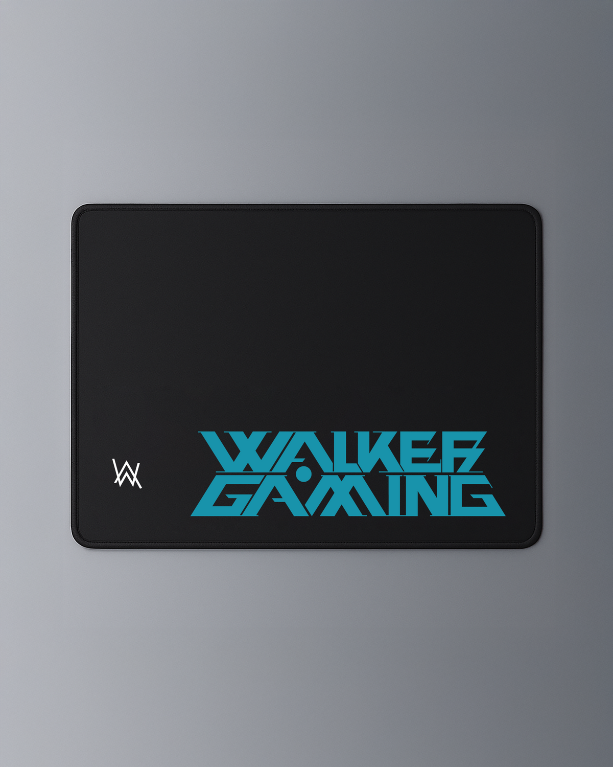 Alan Walker Gaming Mouse Pad in black with the cyan Walker Gaming wordmark and AW logo, full top view
