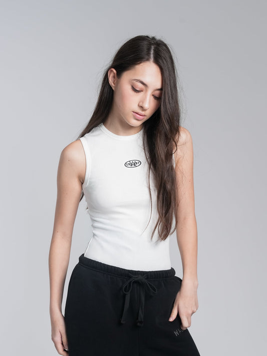Alan Walker Racer Logo Tank in white worn by a model, ribbed sleeveless top with oval AW chest logo