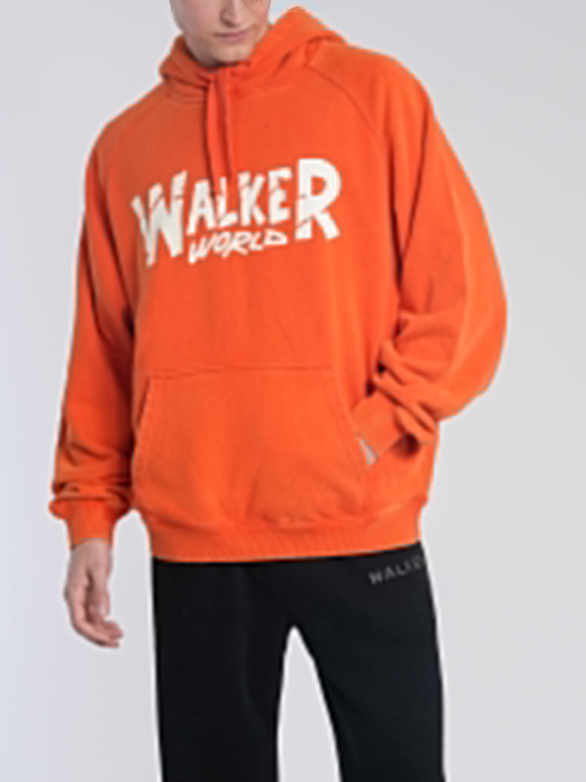 Alan Walker Walkerworld Logo Hoodie front detail, white brushed Walkerworld print on orange